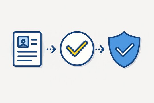Streamlined verification process illustrated by clear visual elements including identity document, checkmarks and security shields showcasing efficiency and trustworthiness