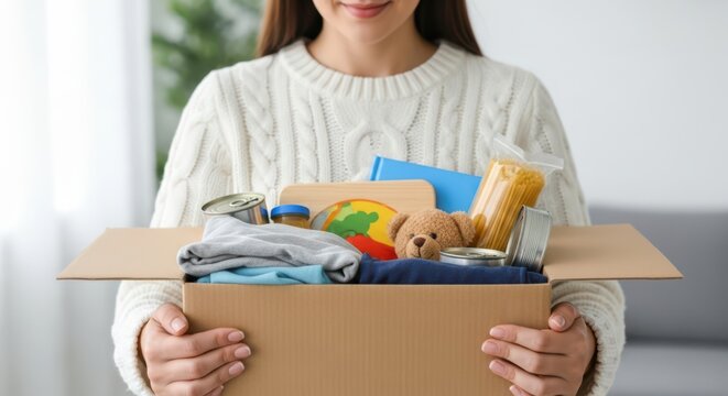 Mujer joven sosteniendo una caja con alimentos y ropa para donaci&oacute;n ben&eacute;fica.