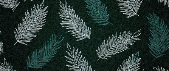 Dark green background with sketched white and teal fern leaves pattern