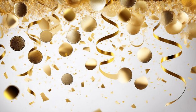 Falling Gold Confetti And Streamers Seamless Pattern On Transparent Background