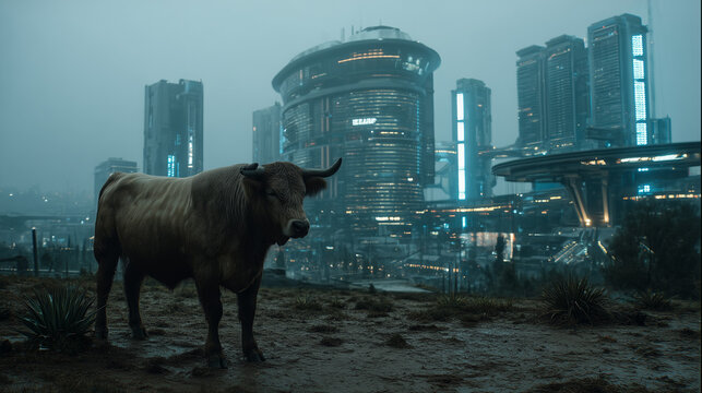 Majestic bull standing on muddy terrain with futuristic cyberpunk city skyline glowing in the foggy background.