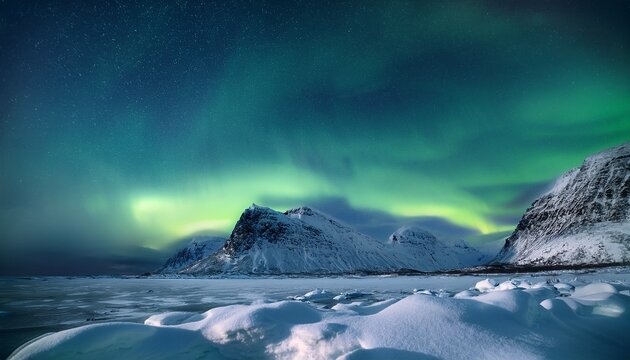 Green Aurora Borealis Polar Lights Over Ice And Snow Landscape Generative Ai