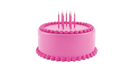 Pink Birthday Cake With Five Lit Candles On Top Decorated With Icing And Buttercream Frosting With A Transparent Background