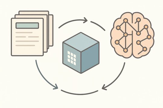Cognitive processing model illustrating data flow between information storage represented by documents neural network symbolism and analytical cube conveying knowledge transformation