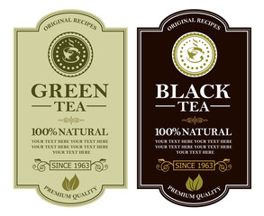 collection of green and black tea labels with leaves and cup