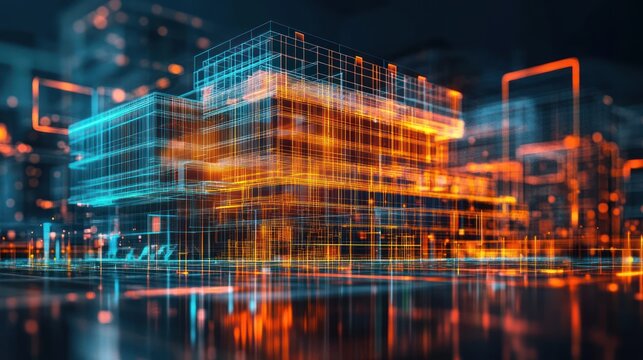 Futuristic Digital Cityscape with Neon Wireframe Buildings