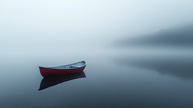 Lonely wooden rowboat floats silently on a fog-covered lake. Still water and soft mist blur the distant shoreline, creating a peaceful and meditative atmosphere. Generative by AI