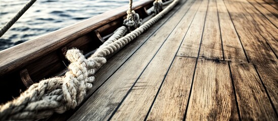 Close-up of Nautical Rope on Wooden Boat Deck
