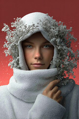 High-definition holiday photoshoot showcasing a chic model in glamorous red-and-white fashion. Refined styling and studio lighting highlight contemporary seasonal beauty