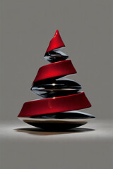 A sleek miniature Christmas tree in bold silver and red tones.. Sophisticated design, crisp contrast, and creative details evoke a stylish festive atmosphere