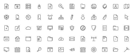 User interface icon set. Minimal vector line icons pck. Includes symbols for bowser, folder, cloud, settngs, cursor, email, calendr, shield, file and more. ditable stroke.