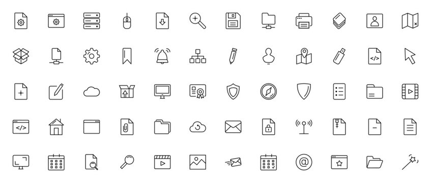 User interface icon set. Minimal vector line icons pck. Includes symbols for bowser, folder, cloud, settngs, cursor, email, calendr, shield, file and more. ditable stroke.