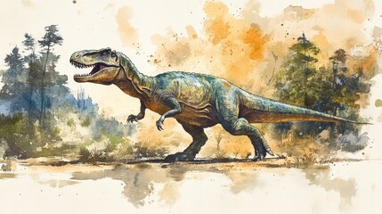 Watercolor Tyrannosaurus Rex in prehistoric forest landscape