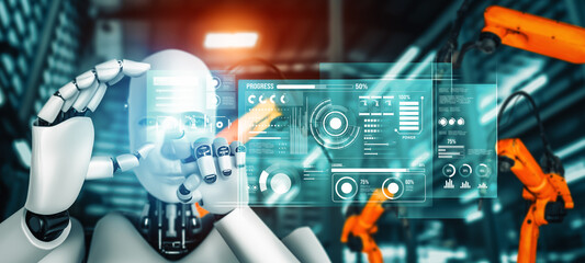 XAI Mechanized industry robot and robotic arms for assembly in factory production.