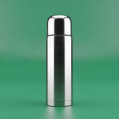 A sleek, stainless steel vacuum flask standing upright on a vibrant green background, designed for keeping beverages hot or cold for extended periods