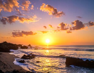 A vibrant sunset over a tranquil ocean with a rocky coastline