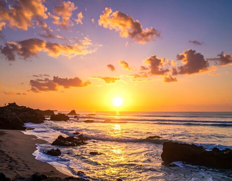 A vibrant sunset over a tranquil ocean with a rocky coastline