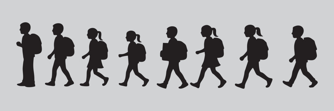 Silhouettes of children going to school with a white background 
