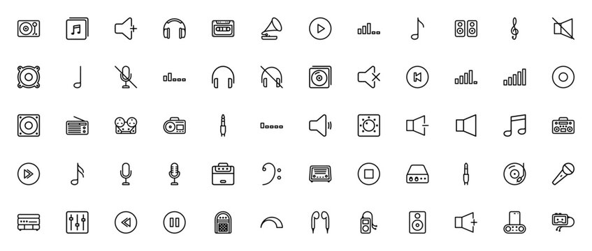 Music & Audio icon set. Vector illustration pack. Inludes symbols for record payer, album, headphone, mirophone, speaker, volume, assette, radio, vinyl, equlizer and more.