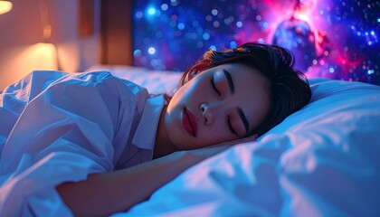 Asian woman peacefully asleep in bed with starry, cosmic backdrop