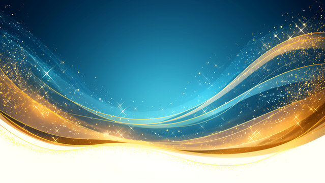 豪華なゴールドの波と輝く光の青い背景