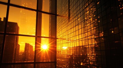 Modern skyscrapers bathed in golden light as the sun sets, reflecting vividly on the glass facade of a high-rise building. A dramatic urban sunset scene. Generative AI