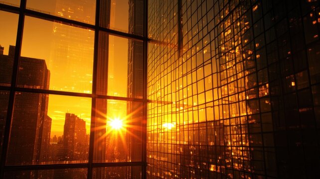 Modern skyscrapers bathed in golden light as the sun sets, reflecting vividly on the glass facade of a high-rise building. A dramatic urban sunset scene. Generative AI