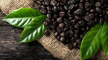 Roasted coffee beans rest on coarse burlap next to fresh green leaves atop dark wood.