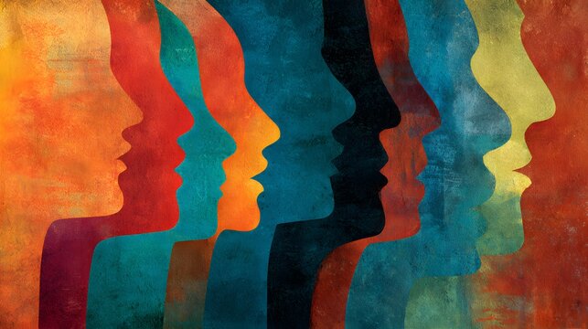 Group of abstract profile silhouettes display vibrant color diversity against a textured background