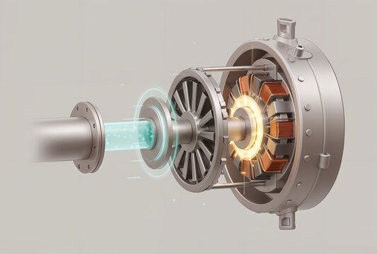 3D illustration of an exploded view of an electric motor or generator combined with a fluid turbine/compressor. Highlights electromagnetic components and energy conversion processes.