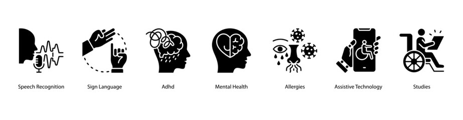 Assistive Communication web banner illustration featuring Speech Recognition, Sign Language,ADHD,Mental Health,Allergies, Assistive Technology, and Studies. Supports technology for accessible living.