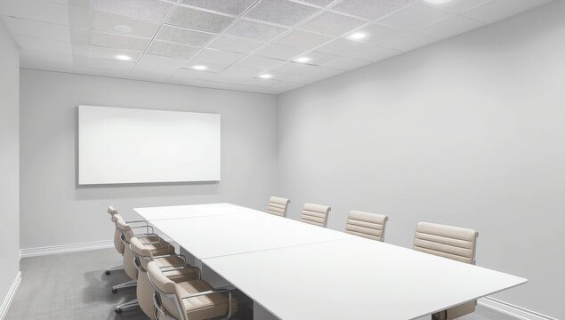 A small meeting room for 8 seats in an office building., 3d rendering 