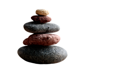 Balanced stack of smooth stones in a tranquil setting, 35mm f/5.6 capture with soft natural daylight, sharp texture details and gentle shadows isolated on white background