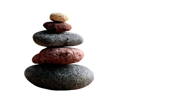 Balanced stack of smooth stones in a tranquil setting, 35mm f/5.6 capture with soft natural daylight, sharp texture details and gentle shadows isolated on white background
