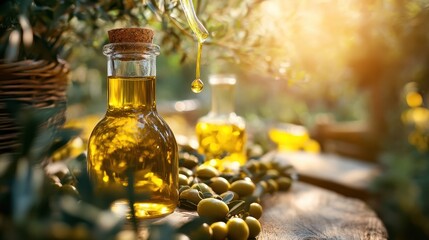 Fresh Olive Oil Dripping into Bottle with Olives