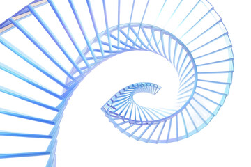 Illuminated geometric spiral staircase structure with glowing blue and white light isolated on transparent background