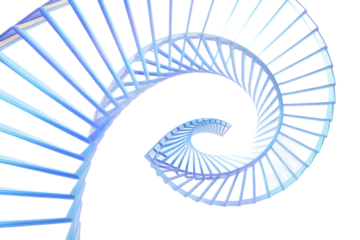 Illuminated geometric spiral staircase structure with glowing blue and white light isolated on transparent background