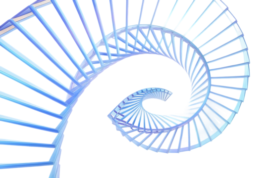 Illuminated geometric spiral staircase structure with glowing blue and white light isolated on transparent background - Powered by Adobe