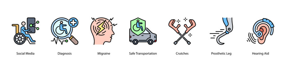 Health Accessibility web banner illustration featuring Social Media, Diagnosis, Migraine, Safe Transportation, Crutches, Prosthetic Leg, and Hearing Aid. Promotes mobility and medical innovation.