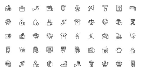 Charity icon set. Vector illustration. Includes symbls for donation, heart, soidarity, money, gift, aid,church, people and more. Eitable stroke.