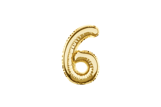Shiny golden number six balloon isolated on transparent background for celebrations and events
