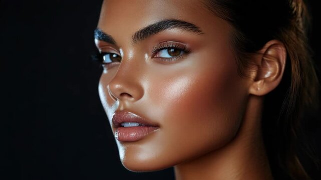Striking portrait of a woman with high cheekbones and subtle makeup. Her skin glows in the soft light, revealing her striking features.