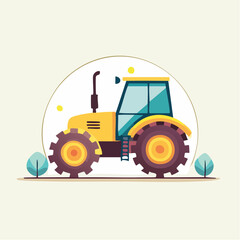 Cartoon Yellow Tractor with Blue Windows and Striped Wheels Illustration.