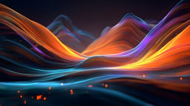 Abstract glowing lines form undulating, luminous landscape formations against a dark background