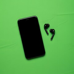 A modern smartphone with black wireless earbuds placed on a vibrant green background, showcasing technology accessories and digital gadgets