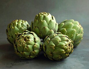 Obraz premium Close-up of five fresh artichokes on a textured grey surface