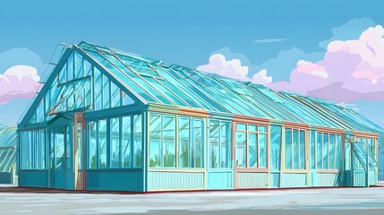 Large glass structure for cultivation stands prominently under a bright blue and pink sky
