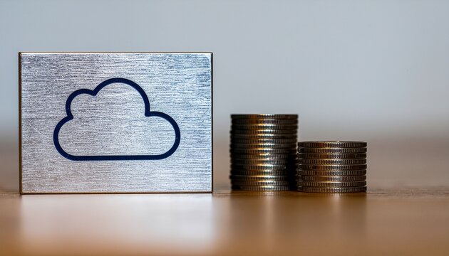 Cloud storage with a cloud symbol next to two stacks of coins. The arrangement symbolizes the concept of digital financial storage