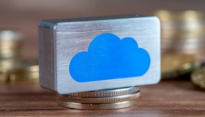 A close-up shot of a small metallic cloud symbol, sitting on top of some coins, with more coins blurred in the background