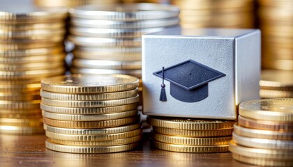Stacks of coins surrounding a small box displaying a graduation cap. The image suggests financial planning for education and investing in future learning